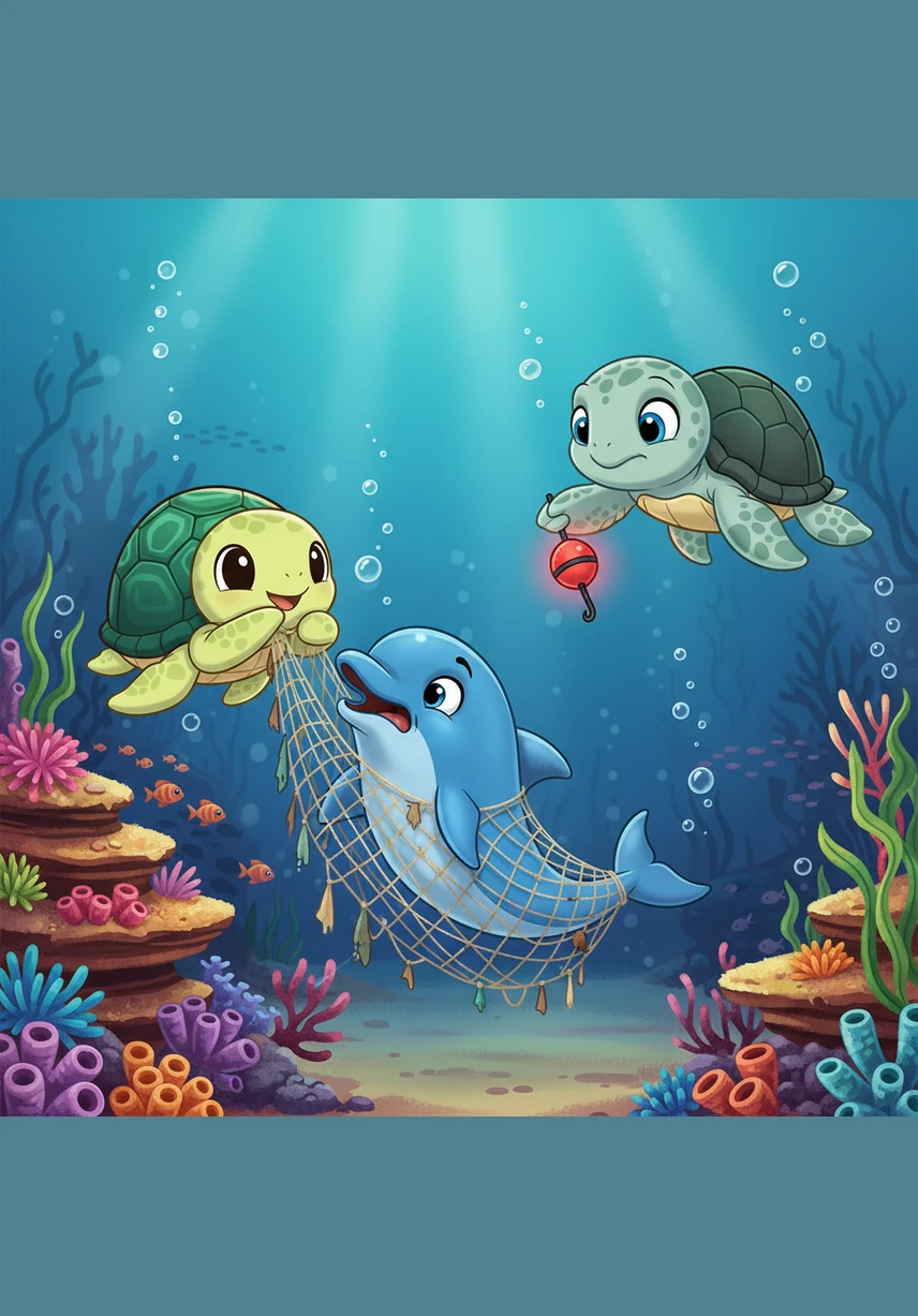 在茂密的海草丛里，小皮遇到了一只友好的海豚，他们一起在水泡中穿梭嬉戏，享受着海底的速度与激情。