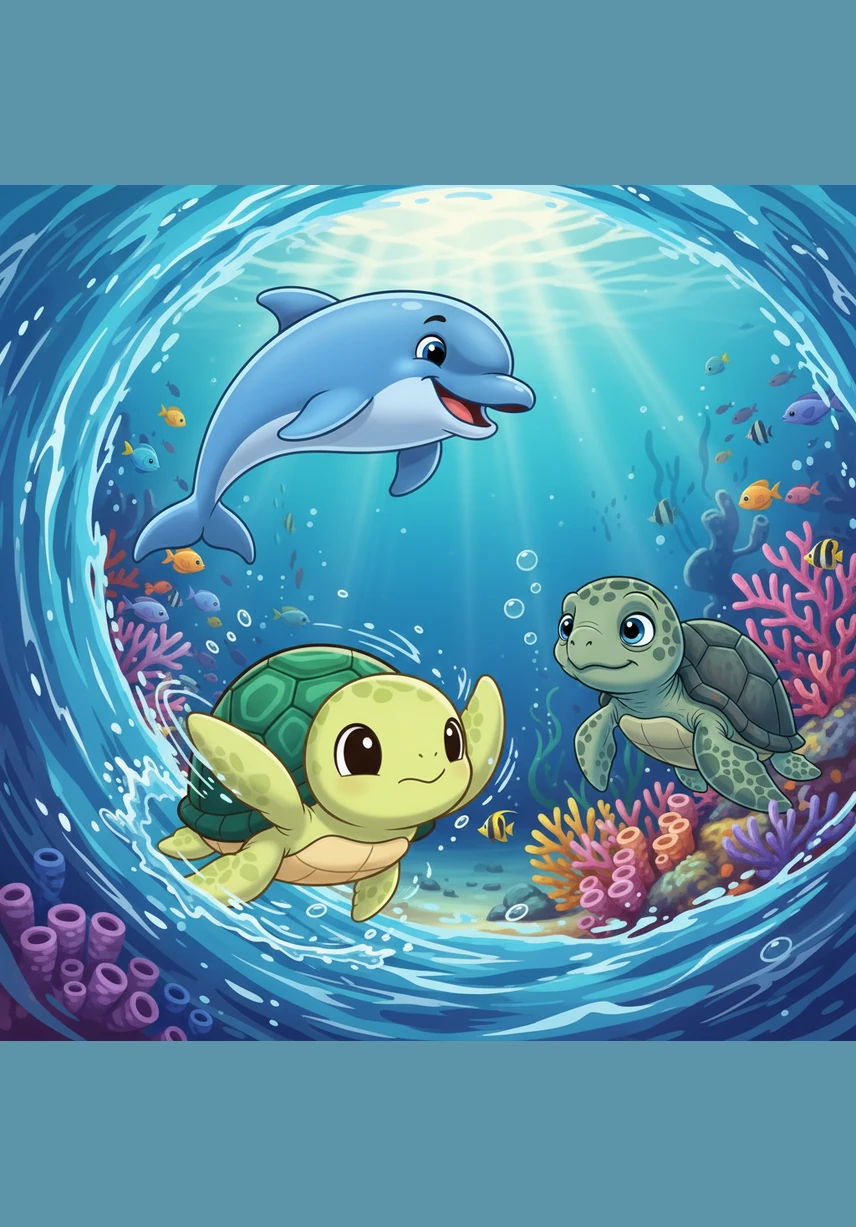 突然，一股强劲的洋流袭来，小皮虽然感到有些紧张，但他紧紧划动四肢，凭借着本能稳住了小小的身体。