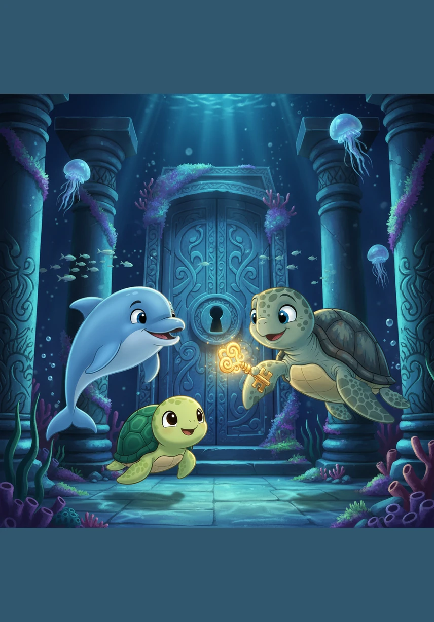 穿过一片静谧的海沟，一座由珍珠和巨大贝壳筑成的神秘海底城堡赫然出现在眼前，闪耀着古老而庄严的光泽。