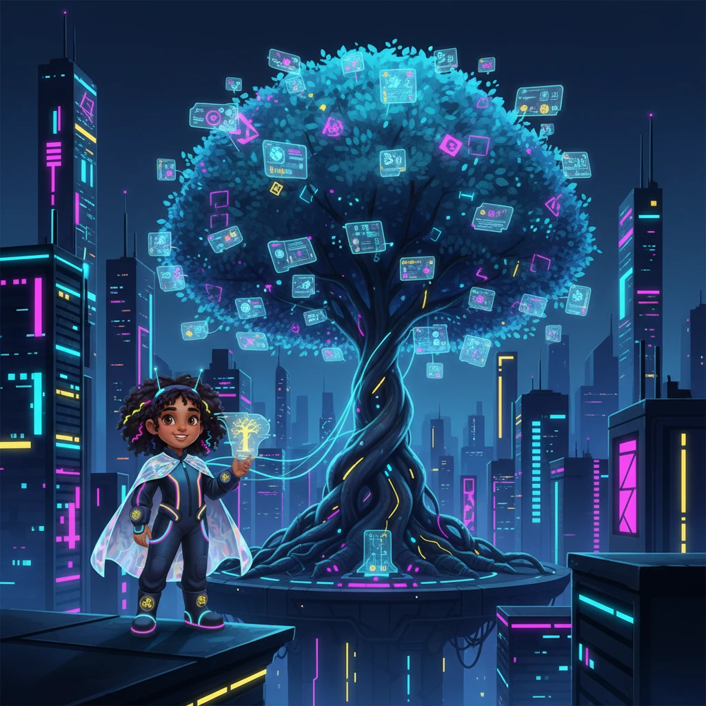 Princess Zola, a vibrant figure amidst the towering, neon-streaked skyscrapers, connects with the colossal Bio-Aether Tree, a glowing, ancient data-nexus at the heart of the city. Its holographic leaves shimmer with coded wisdom, and Zola's neural interface pulses with her deep, intuitive bond to its living data streams. Her eyes, reflecting the electric blues and purples of the cityscape, sparkle with a restless curiosity and an unyielding spirit.