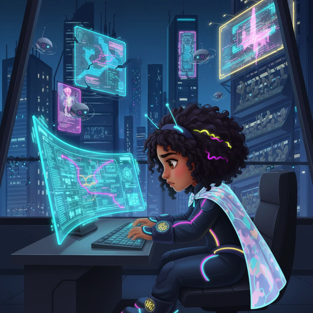 The city's perfect holographic projections begin to glitch, flickering like dying embers in the pervasive darkness, and automated drones spiral erratically. Vertical hydroponic farms, once vibrant, now show wilting, synthetic crops, their nutrient lines failing. Zola, monitoring the city's network from her personal data-hub, is the first to detect the insidious corruption spreading through the system, a digital malady nobody else seems to notice.