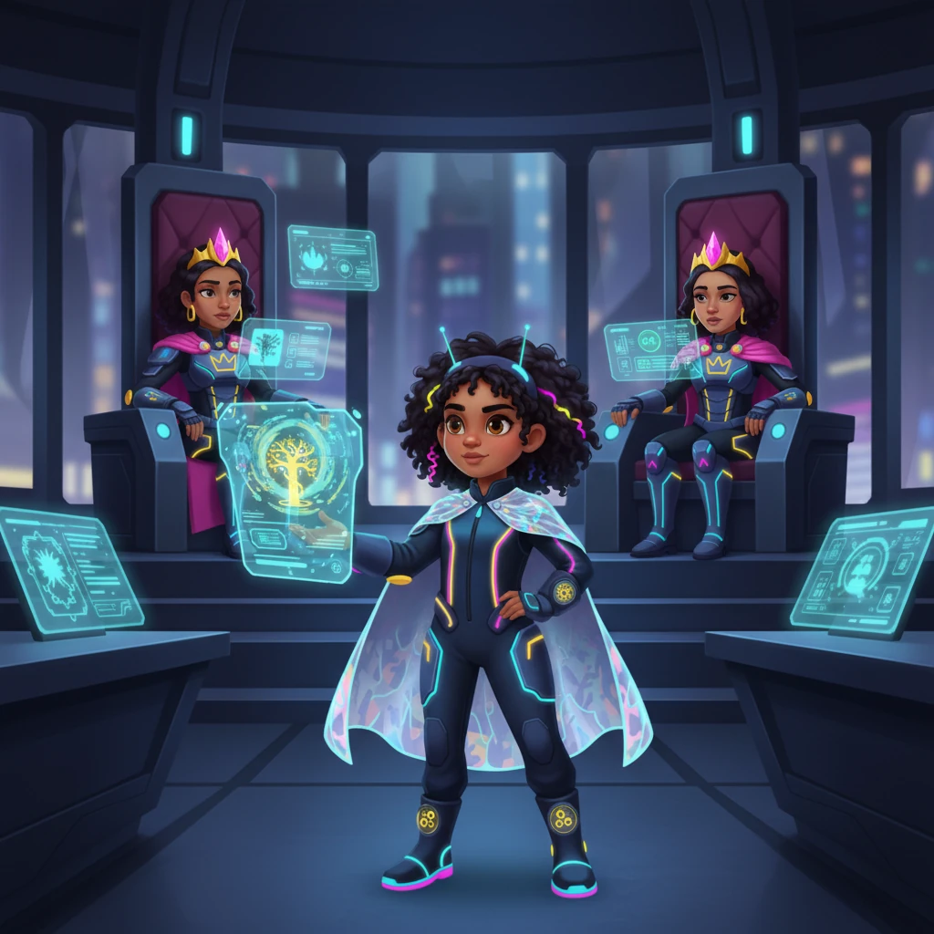 Within the opulent, high-tech council chambers, King Theron and Queen Lyra, their faces illuminated by holographic displays, dismiss Zola's warnings as mere system anomalies. Zola, standing before them in a room of sleek metallic accents and glowing interfaces, presents her data, her voice firm with conviction. Her determination to make them understand the true threat shines like a beacon against their dismissive skepticism.