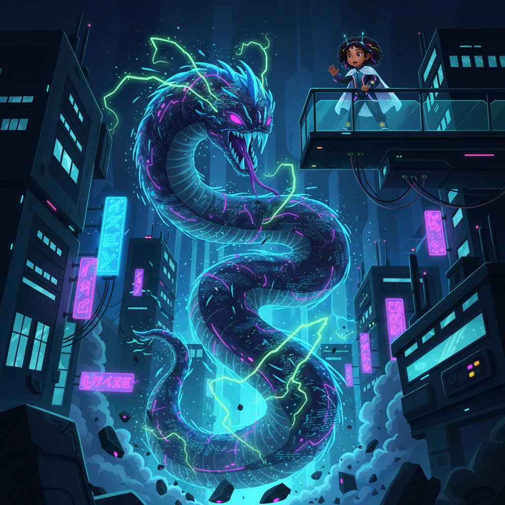 A monstrous data-serpent, a terrifying manifestation of corrupted code and dark energy, erupts from the city's lower sectors, tearing through a district of glowing, modular buildings. Holographic structures shatter into pixelated dust, power conduits explode in showers of electric green sparks, and neon signs flicker wildly before dying. Zola watches from a high sky-bridge, her face awash in the chaotic, destructive light, a chilling realization of the true danger dawning upon her.