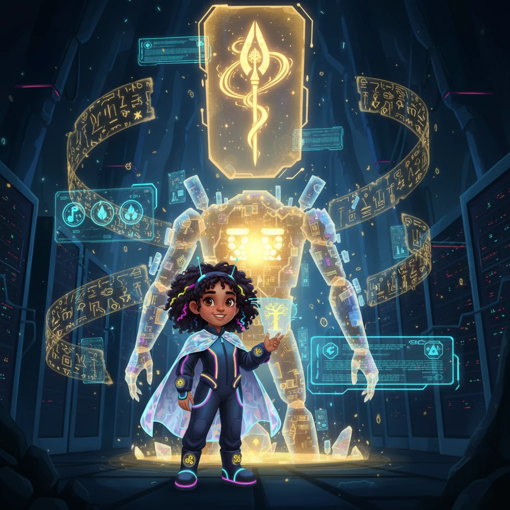 Zola seeks out the Griot, an ancient AI construct residing in a forgotten, subterranean data-archive, its core glowing with arcane knowledge. Surrounded by swirling holographic projections of ancient lore and cryptic data-scrolls, the Griot reveals the prophecy of the Solar Lance – a legendary program or energy weapon from a forgotten era, foretold to purge the digital corruption and restore balance to the world.