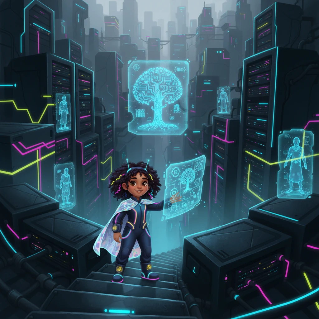 Guided by the Griot's fragmented data-maps, Zola descends into the Ancestral Archive, a vast, abandoned network catacomb hidden beneath the city's gleaming surface. This sacred, silent space is filled with dormant server stacks and spectral holographic projections, representing the preserved neural patterns of ancient heroes. The air hums with forgotten power, illuminated by faint, pulsing energy conduits.