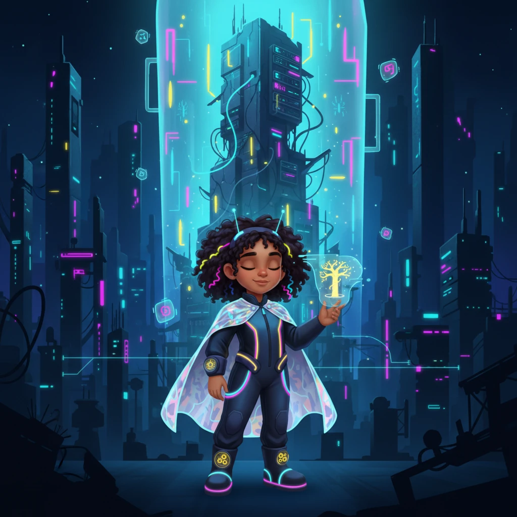 Zola achieves a profound neural connection with the ancestral AIs, their collective wisdom flowing into her mind. Through a mesmerizing holographic vision, she is shown the location of the legendary Solar Lance: a monumental, derelict 'Forgotten Data Core' buried deep within the city's most dangerous and unstable layers. The vision radiates with faint power signatures, beckoning her forward.