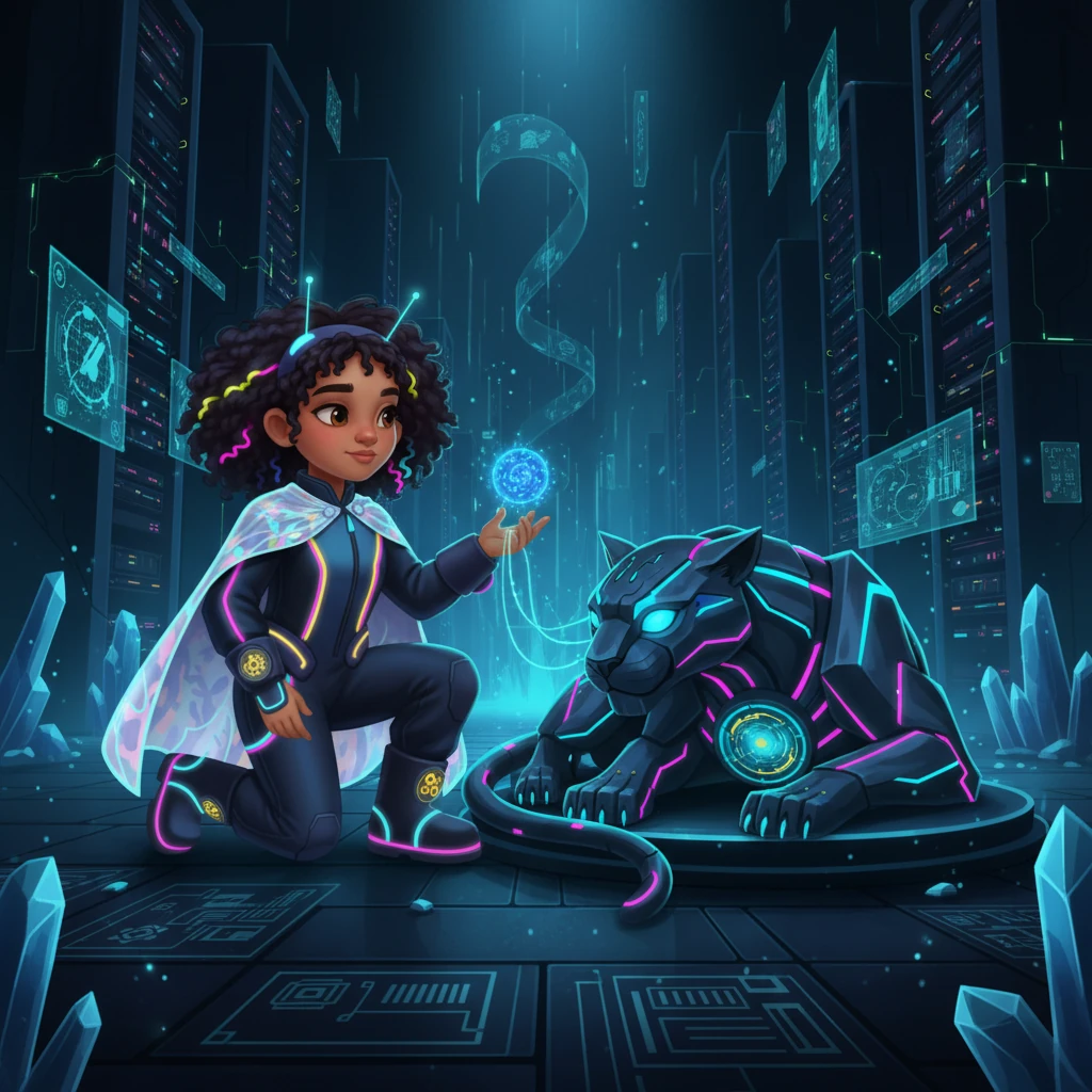 From the Ancestral Archive, Zola reactivates a dormant companion drone, a sleek, metallic Cyber-Panther with glowing sapphire optics. This resourceful AI companion bonds with Zola through a shared neural link, its systems whirring to life with fierce loyalty. Its angular, predatory form is ready to navigate the perilous journey ahead, a silent guardian in the neon-lit shadows.