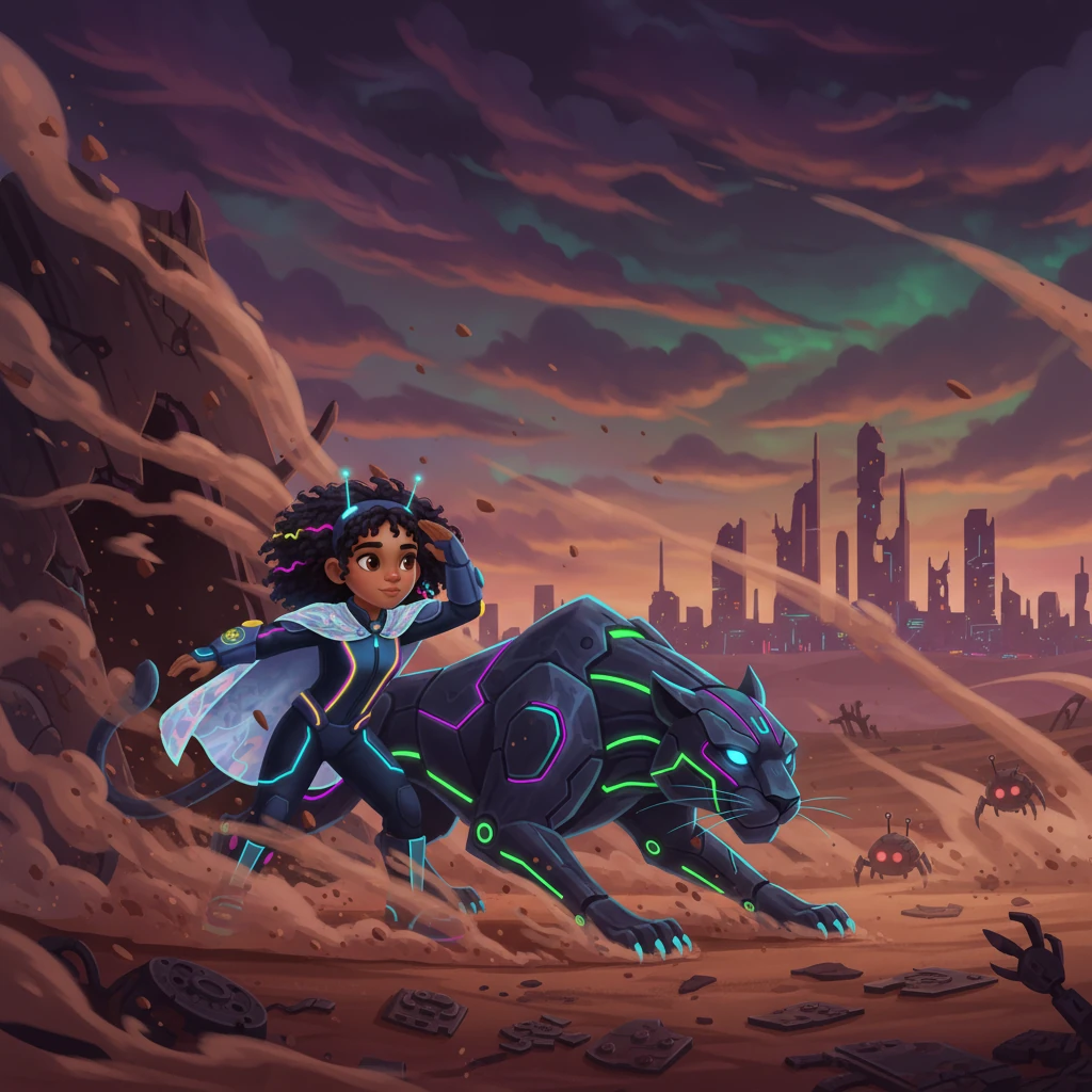 Zola and her Cyber-Panther companion emerge from the city's underbelly into the desolate Wasteland Matrix, a vast expanse of irradiated desert and ruined megastructures. They brave digital sandstorms, electromagnetic interference that whips corrosive dust into blinding torrents. Under a sky bruised with toxic hues, they navigate through fields of corroded technology, evading rogue automated scavengers, their journey illuminated only by the distant, dying glow of the city.