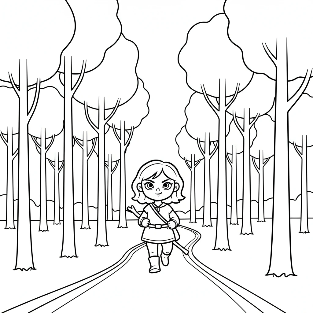 Elara followed a winding path that led deep into the forest. Tall, simple trees with rounded tops reached for the sky. The path was just a few curved lines, guiding her deeper into the quiet woods.