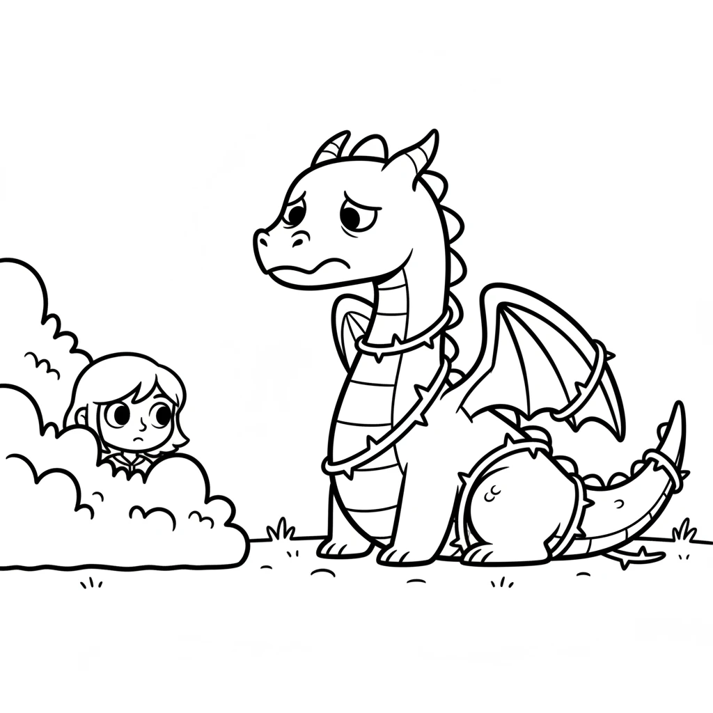 Peeking through some large, leafy bushes, Elara saw something huge! It was a magnificent dragon, but it looked very sad. One of its big, rounded wings was tangled in a thick vine, keeping it from flying.