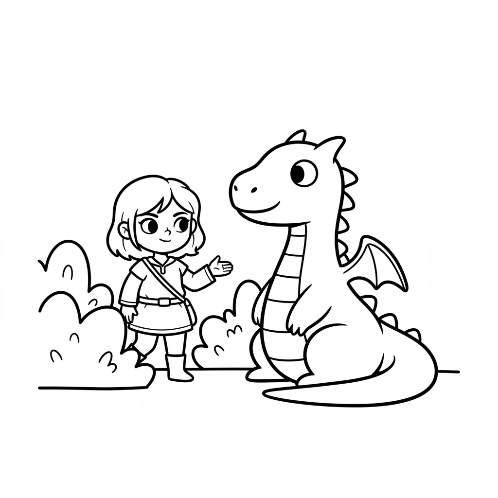 Elara took a deep breath and bravely stepped out from behind the bushes. The dragon looked up, its large, simple eyes blinking slowly. Elara held out her hand, a small, kind smile on her face, showing she was there to help.