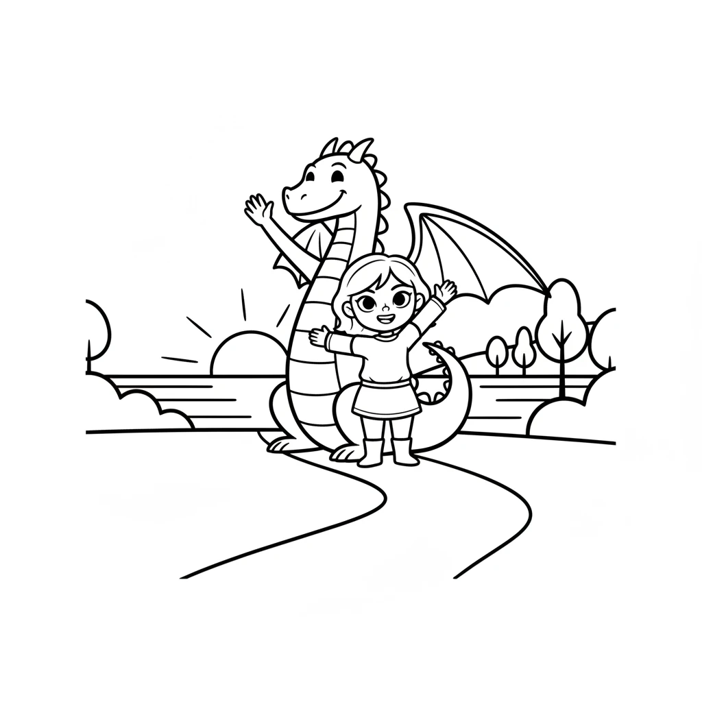 As the sun began to set, Elara knew it was time to go home. She hugged the dragon's neck goodbye, promising to visit again soon. The dragon waved its big wing as Elara walked back down the path, a happy secret in her heart.