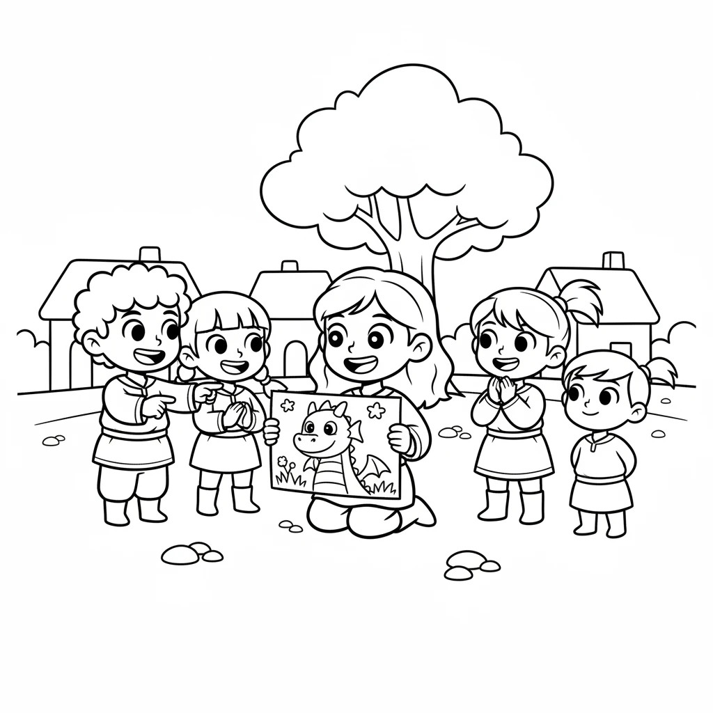 Back in her village, Elara excitedly told her friends about her new, kind dragon friend. She drew a picture of the gentle dragon, showing everyone that even big, rumbling creatures can be the best of friends. Everyone smiled, knowing Elara had a truly special secret.