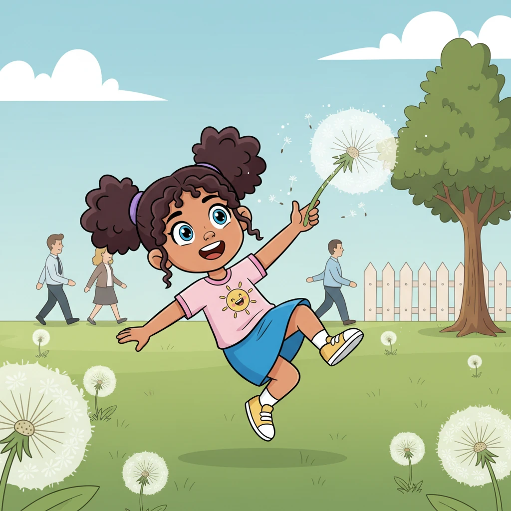Little Pip, a bundle of energy with bright, curious eyes, loved to tumble and play. She felt as light as a dandelion puff, a happy, carefree spirit, but sometimes she wondered about the grown-up world around her.