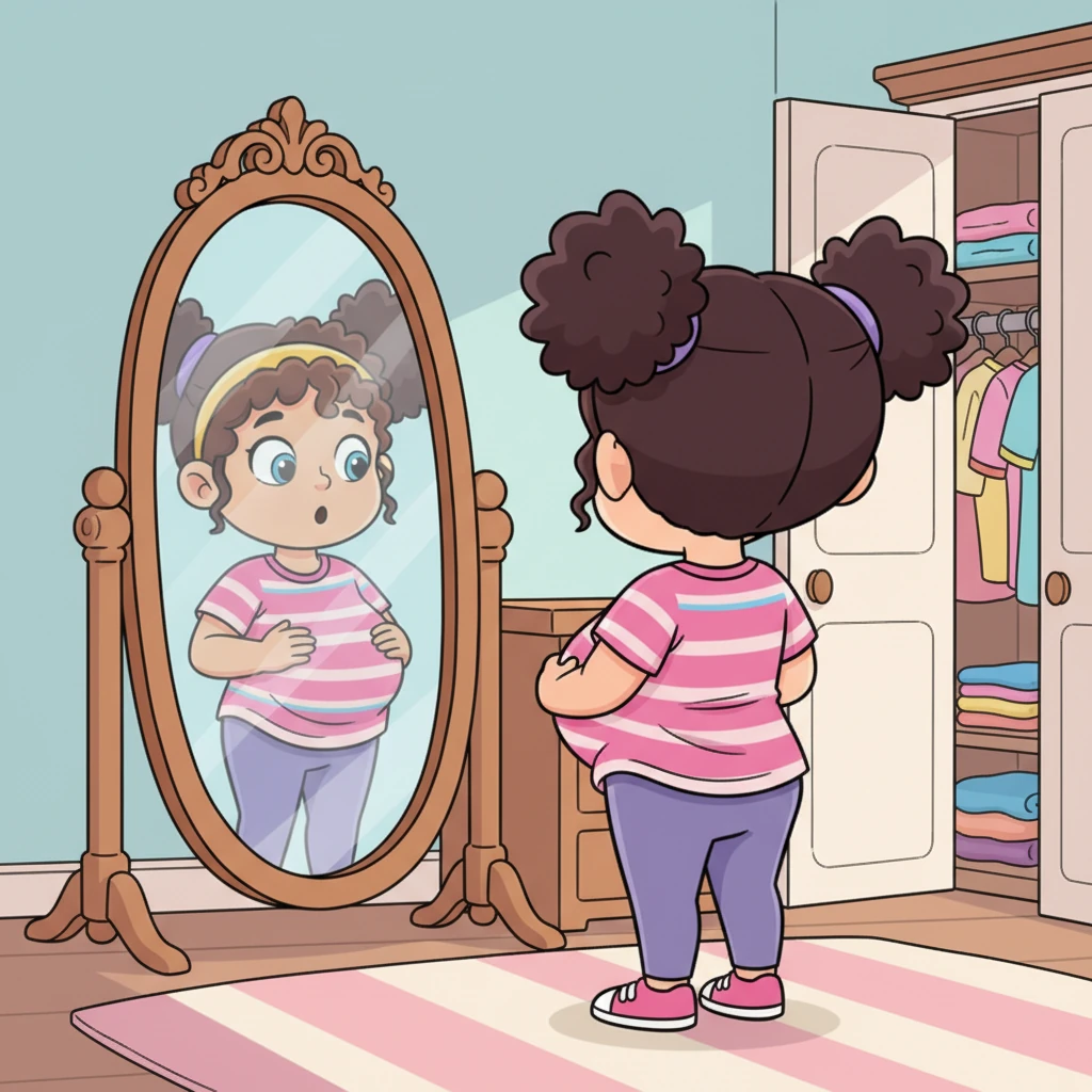 Later, while choosing her favorite striped top, Pip noticed it fit a little differently than before. A tiny spark of wonder lit up her face as she looked in the mirror, a new contour softly emerging.