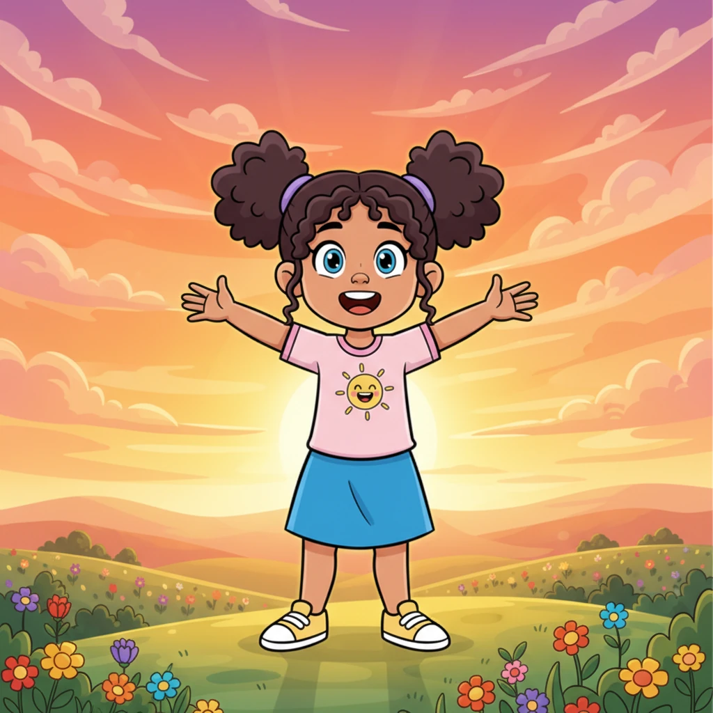 Pip stood tall, bathed in the glow of a magnificent sunset, her arms wide open. She was a radiant, blooming girl, ready to embrace all the amazing adventures and wonderful changes yet to come.