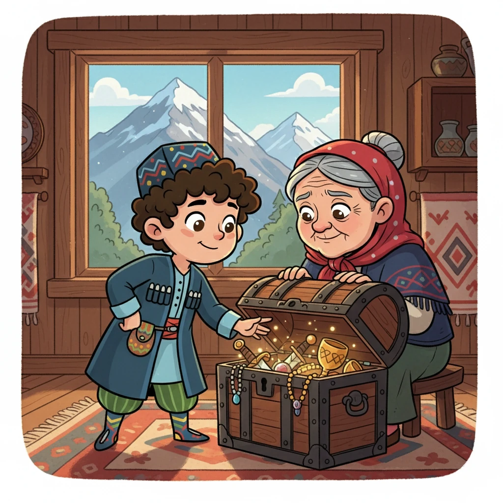 Расул, мальчик с горящими глазами, любил всё красивое. Он жил в уютном доме в окружении высоких гор, мечтая о несметных богатствах. Его бабушка, с морщинками, как горные тропы, хранила в старом сундуке семейные реликвии, которые Расул страстно желал увидеть.