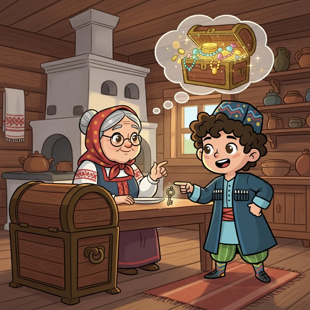 Бабушка рассказала Расулу, что ключ от сундука спрятан, и найти его можно только, совершив три добрых дела, не ожидая ничего взамен. Расул загорелся идеей, представляя себе блеск сокровищ.  Он решил, что добрые дела — это путь к богатству.