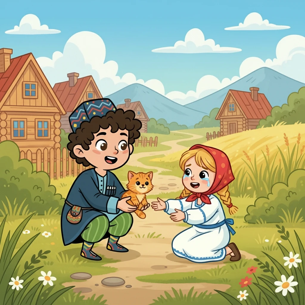 Однажды, гуляя по селу, Расул увидел маленькую девочку, плачущую у дороги. Она потеряла своего котёнка. Расул, забыв про сокровища, бросился на поиски. Он звал котёнка, ища его в траве и под кустами, пока не нашёл.