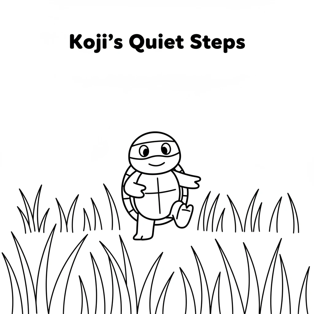 Koji, a small ninja turtle, practices his quiet steps in a peaceful meadow. He lifts one foot carefully, a focused look on his round face. The tall gr
