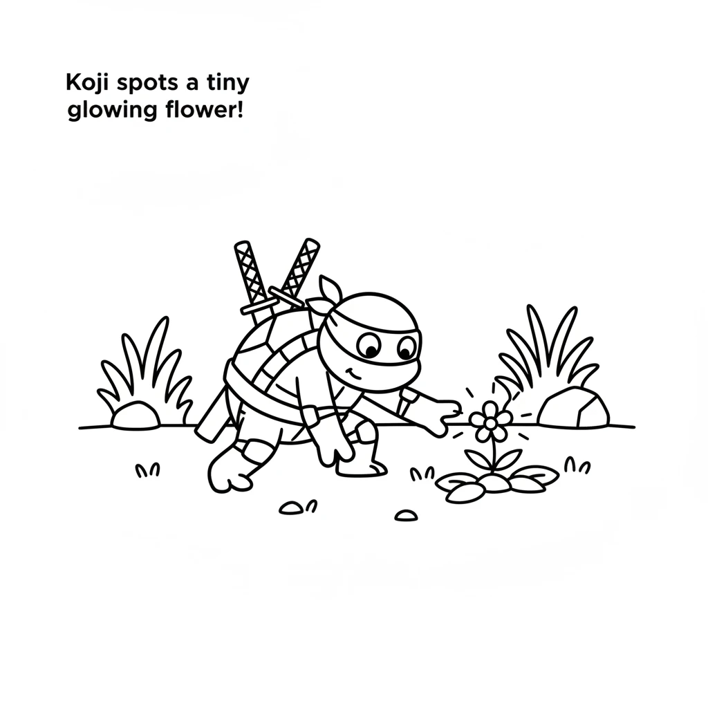 While practicing, Koji spots a tiny flower glowing with a soft, warm light. It sits hidden amongst the leaves, shimmering like a captured star. He lea