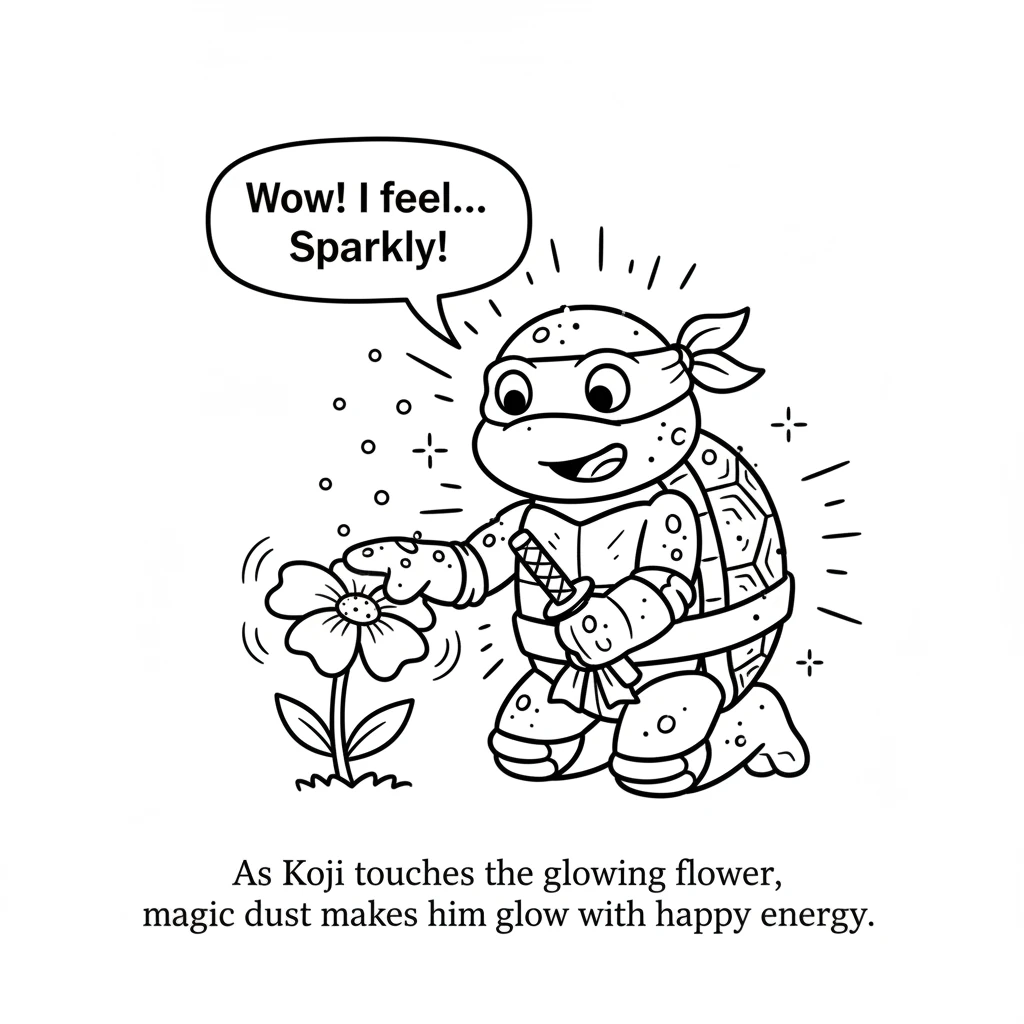As Koji touches the glowing flower, a sprinkle of magic dust floats up and settles on his shell. His whole body begins to glow with the same gentle, w