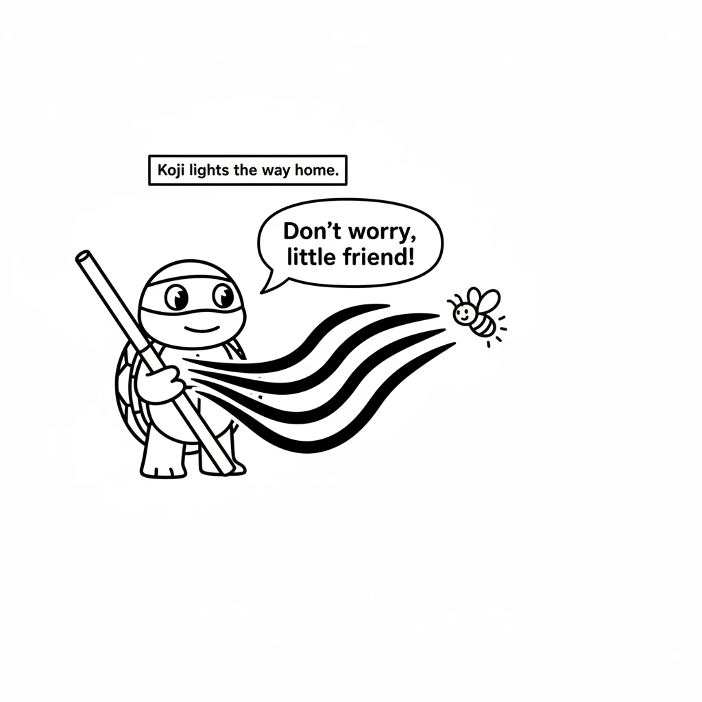 Koji sees a little firefly lost in the deepening twilight, blinking weakly. Using his new glow, Koji shines a path for the firefly to find its way hom