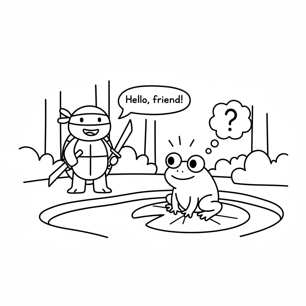 Deeper in the forest, Koji meets a friendly frog sitting on a lily pad. The frog's eyes are wide with wonder at Koji's glow. Koji smiles, happy to hav