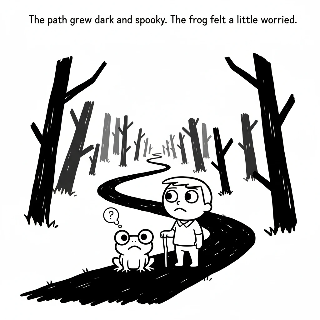 Together, Koji and the frog find a winding, dark path that looks a little spooky. Shadows dance between the trees, making it hard to see where they ar