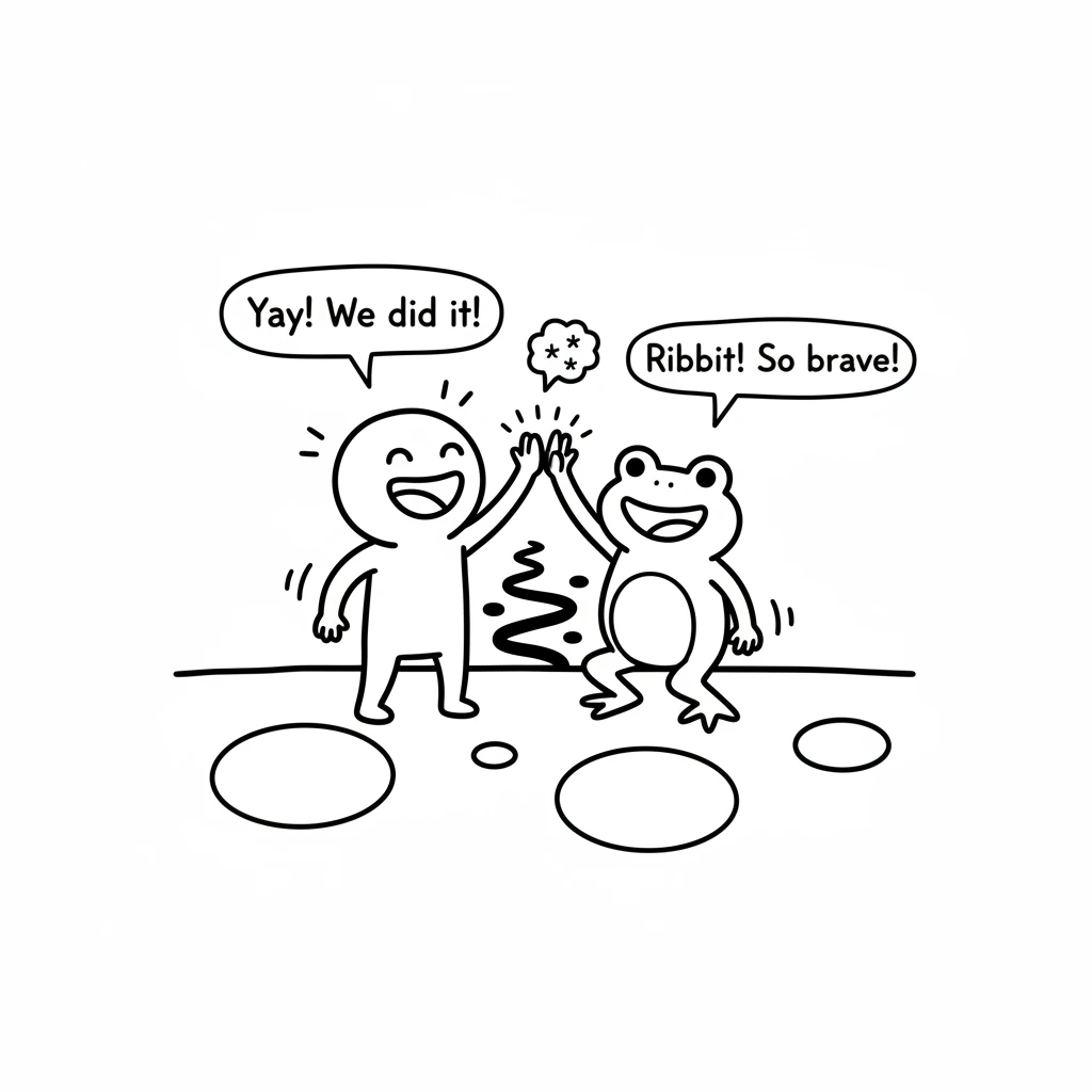 They emerge from the dark path into a clearing filled with moonbeams. Koji and the frog share a happy giggle, proud of their bravery. They high-five w