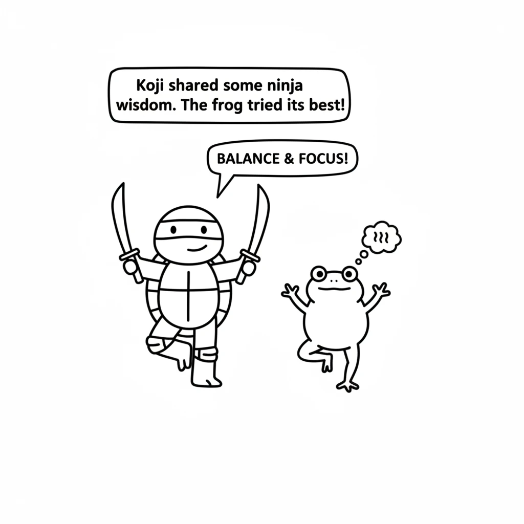 Koji decides to share a bit of his ninja wisdom. He shows the frog a very simple, gentle ninja stretch, balancing on one foot. The frog tries to copy