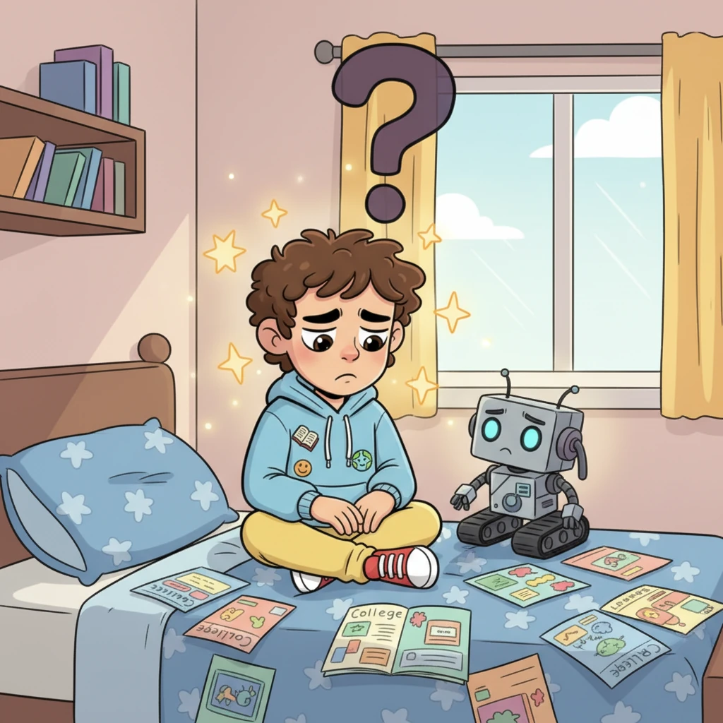 Milo sat on his bed, surrounded by colorful college brochures that seemed to glow with expectations. He frowned, a big question mark floating above his head like a cartoon bubble, wondering if this was truly his only path. His pet robot, Bolt, tilted its head in concern, sensing Milo's thoughtful dilemma.