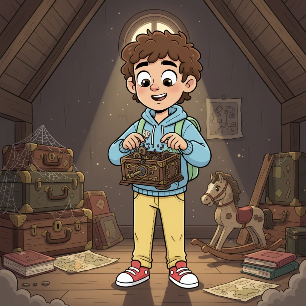 One afternoon, Milo found an old, broken music box in the attic. Instead of sighing, his eyes lit up with curiosity, his fingers itching to see how it worked. He carefully picked it up, a tiny spark of excitement igniting in his chest as he imagined fixing it.