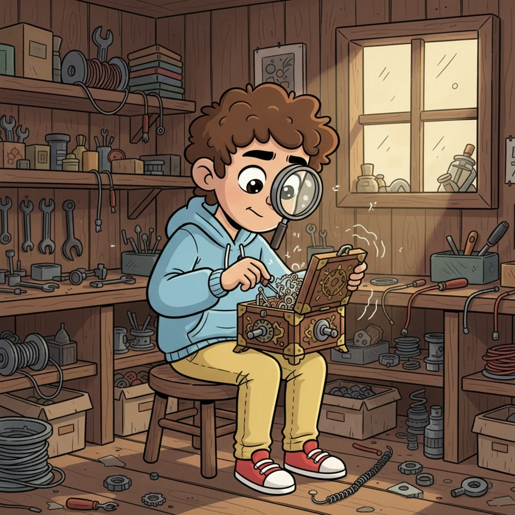 In his grandpa's dusty old shed, Milo happily tinkered amongst tools, gears, and wires. He carefully opened the music box, a magnifying glass perched on his nose, completely absorbed in the tiny mechanisms. The shed, usually quiet, now hummed with the sound of his focused work.