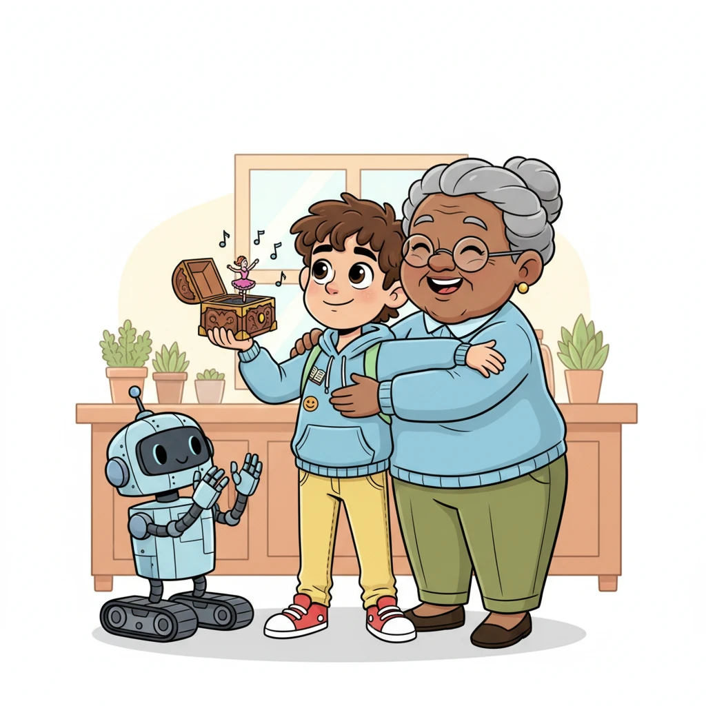 Days later, Milo proudly presented the now-working music box to his grandma, its sweet melody filling the kitchen. Grandma's face lit up with a joyful smile, and she hugged Milo tightly. Bolt clapped its little metal hands, celebrating Milo's first successful repair.