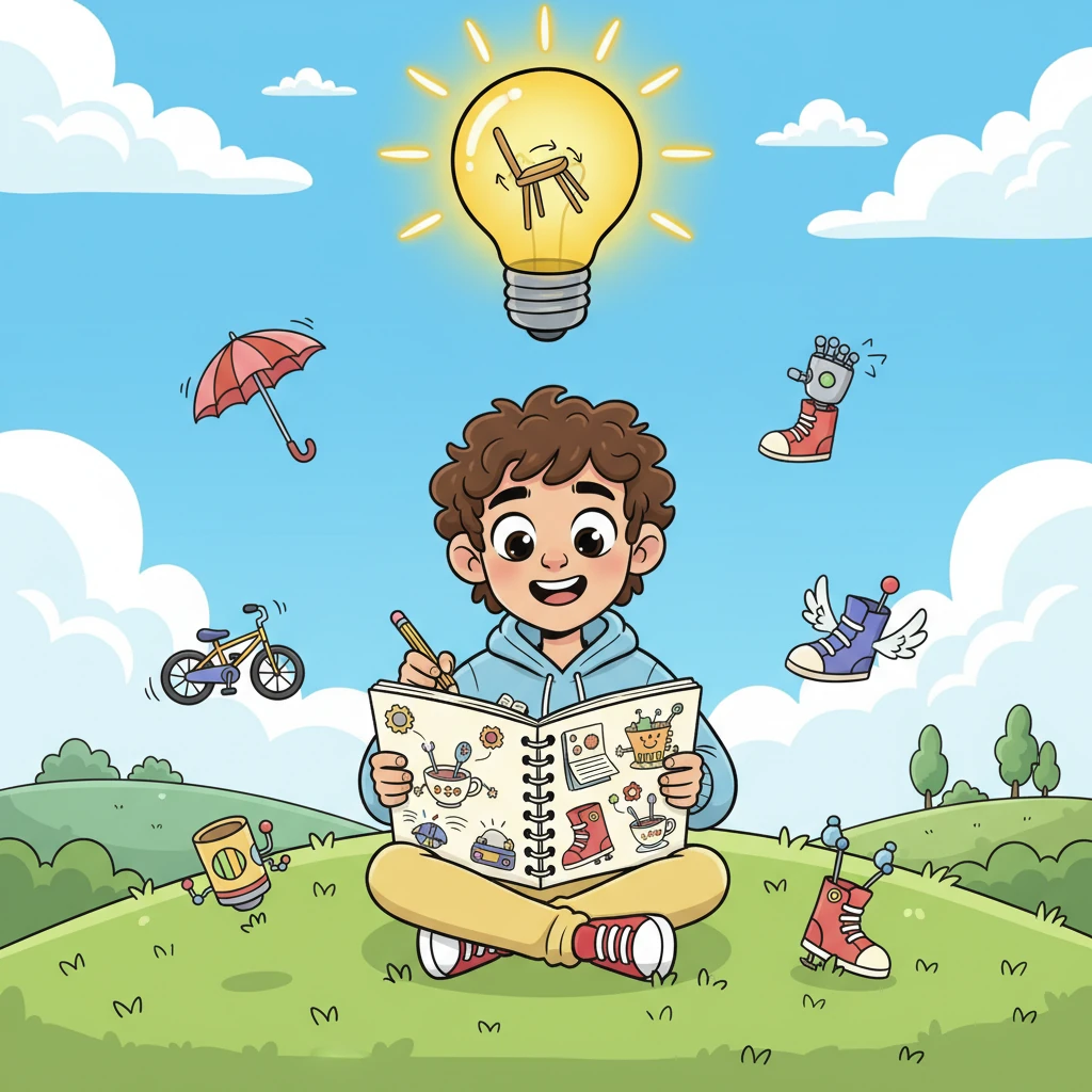 Inspired, Milo began sketching wild and wonderful inventions in his notebook, filling pages with whimsical designs for helpful gadgets. A lightbulb literally appeared over his head, shining brightly as he imagined a wobbly chair that could fix itself. His imagination soared with possibility.