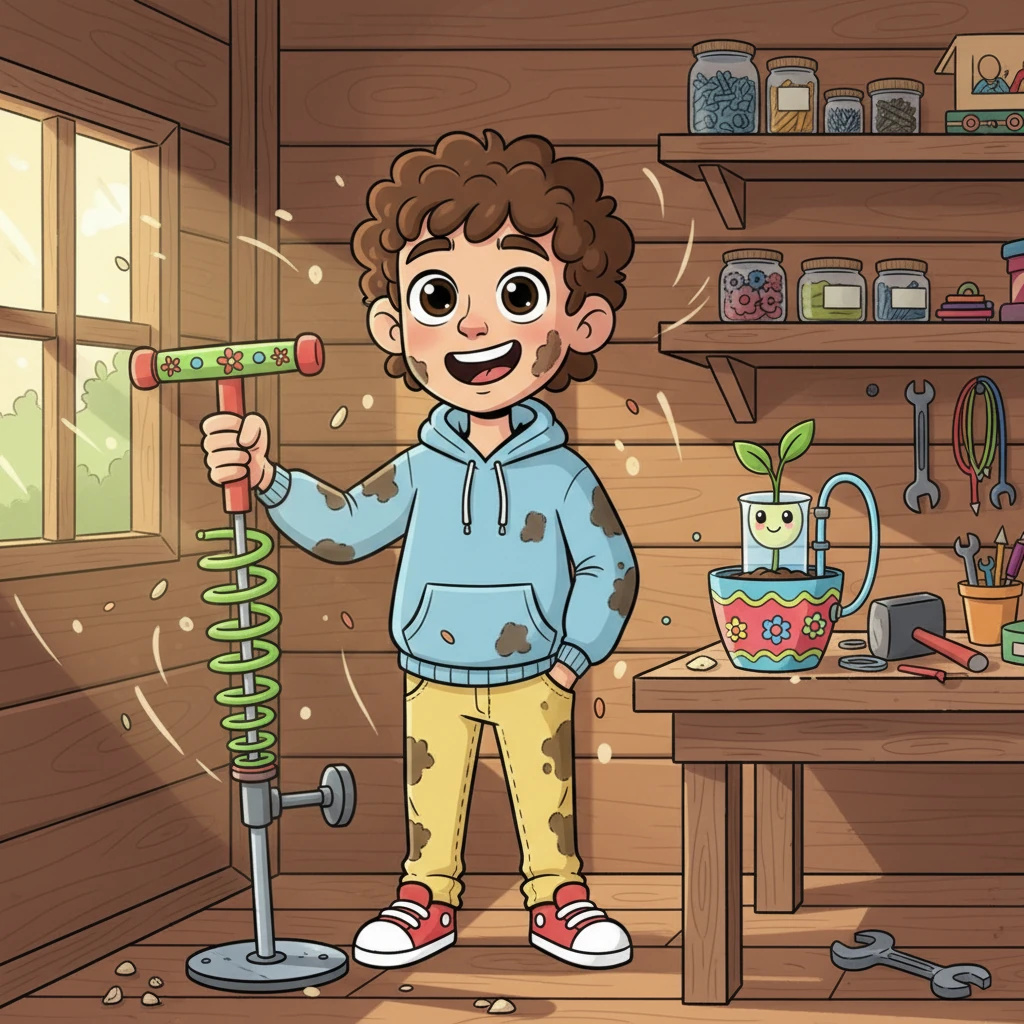 Milo spent countless hours in the shed, sawdust flying and wrenches clanking as he built his creations. He crafted a super-springy pogo stick for his little sister and a self-watering plant pot for his mom. Each finished project brought a huge grin to his face, his clothes smudged with grease and joy.