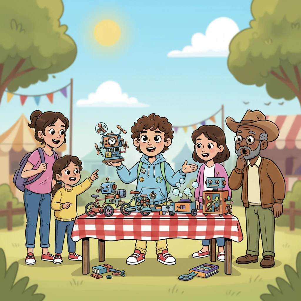 Soon, Milo set up a small table at the local community fair, showcasing his marvelous machines. People gathered around, amazed by his clever inventions and repairs. Milo beamed as he explained how each gadget worked, his passion shining through every word.