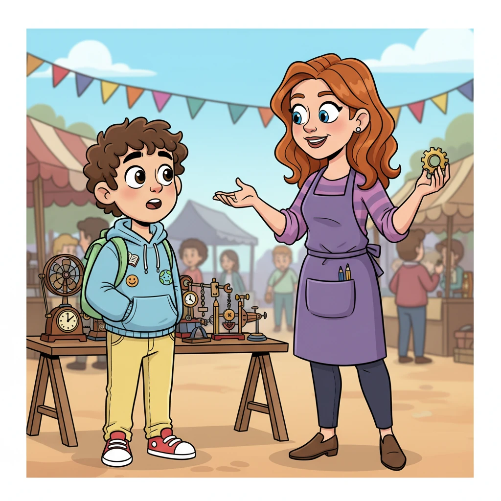 A kind woman with bright, curious eyes, who owned the town's biggest invention shop, stopped by Milo's table. She was incredibly impressed by his talent and offered him an exciting opportunity. Milo's eyes widened, a new adventure beginning to unfold before him.