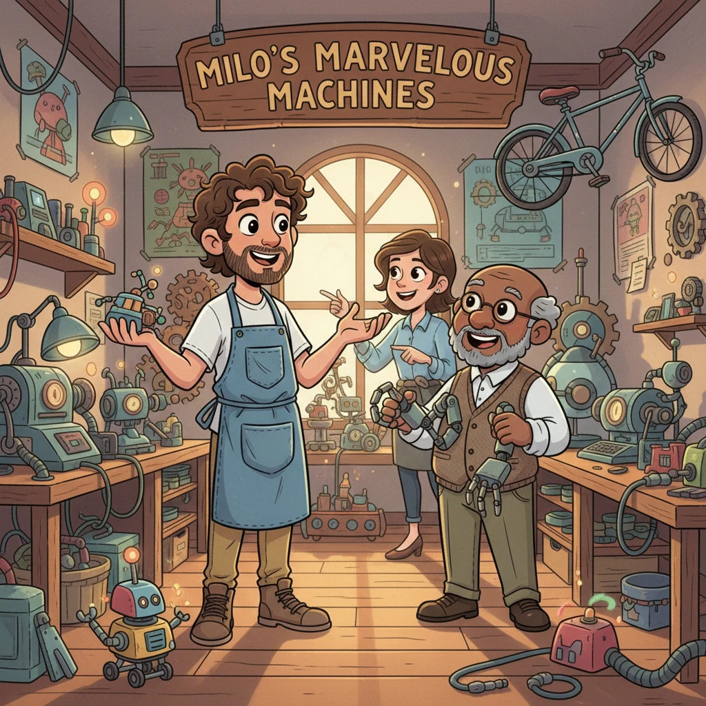 Years passed, and Milo now ran his very own bustling workshop, 'Milo's Marvelous Machines,' filled with happy customers and clever creations. He wore a stylish apron and a confident smile, surrounded by innovative designs and the cheerful whirring of machines. He was doing exactly what he loved.
