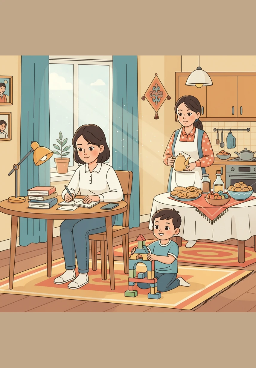 In a cozy apartment in Kazakhstan, Aliya the English teacher sits at her desk, surrounded by mountains of notebooks and lesson plans. The soft glow of her lamp illuminates her tired face as she meticulously grades papers late into the night.