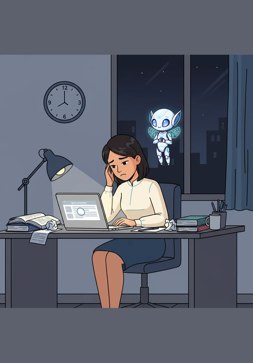 The clock on the wall strikes midnight, but Aliya’s work is far from over. She stares at her laptop screen, struggling to find the perfect creative spark for her upcoming open lesson while the world outside sleeps in silence.