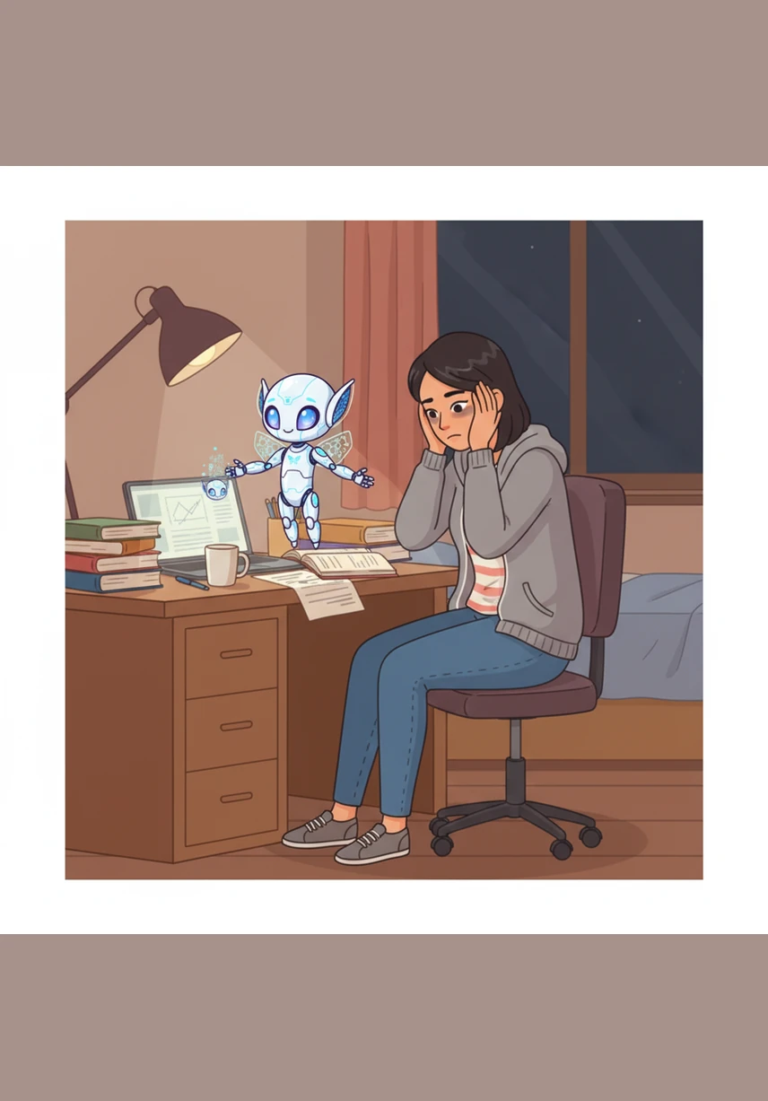 Gemini greets Aliya with a gentle, mechanical hum and a friendly smile, offering to be her magical pair of hands. The stress begins to melt away from Aliya’s shoulders as she realizes she is no longer alone in her late-night struggle.