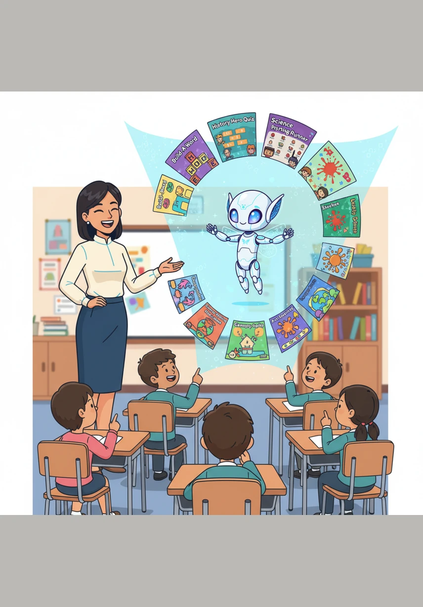 The magical assistant quickly generates ten different interactive games for a lesson warm-up, each more creative than the last. Aliya laughs with delight, feeling her own passion for teaching reignited by these fresh, innovative ideas.