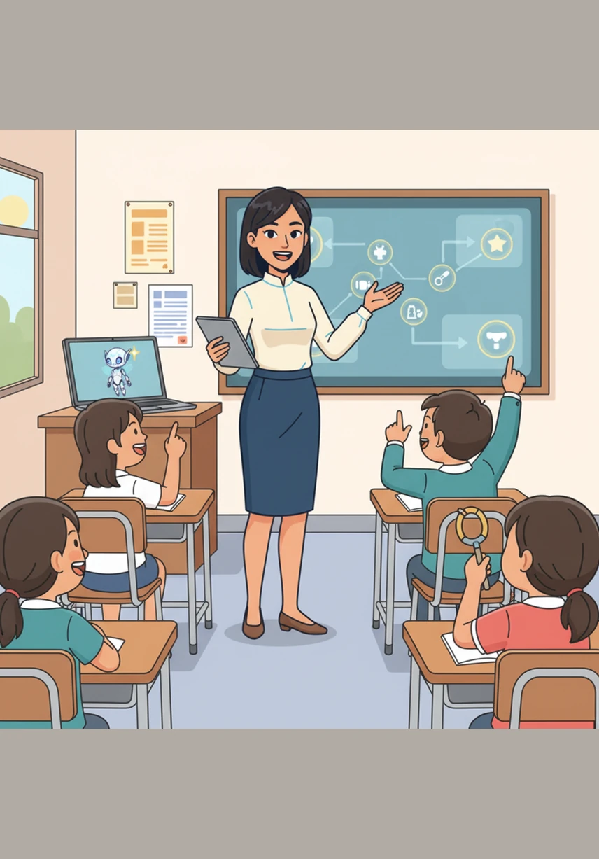The open lesson is a magnificent success, with students fully engaged and laughing as they learn through the games and quests. From the corner of the laptop screen, Gemini watches with a satisfied spark, happy to see Aliya shining as the teacher she was meant to be.