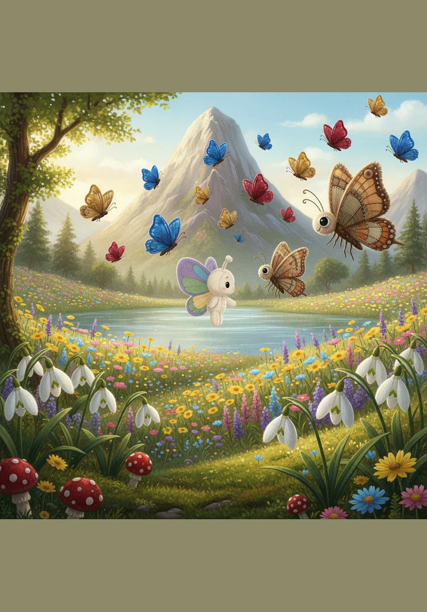 The enchanted garden was a realm of pure wonder, where snowdrops bowed their white heads like tiny umbrellas and bright polka-dot toadstools peeked from the earth. A mighty mountain stood tall over a crystal-clear lake, while a vibrant carpet of wildflowers stretched toward the horizon. Above this floral sea, butterflies with wings of sapphire, gold, and crimson danced in the gentle breeze.