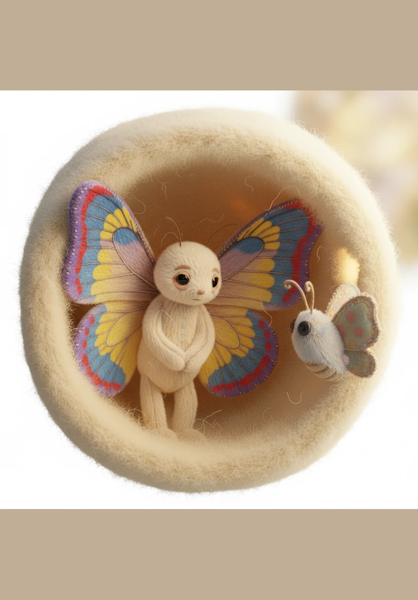 Bella felt a spark of excitement, but as she tried to poke a delicate wing out, a wave of fear washed over her. She worried if the others would like her or if she would flap her wings the wrong way. Frozen by her own thoughts, she curled back into the safety of her cocoon, whispering that she wasn't ready yet.