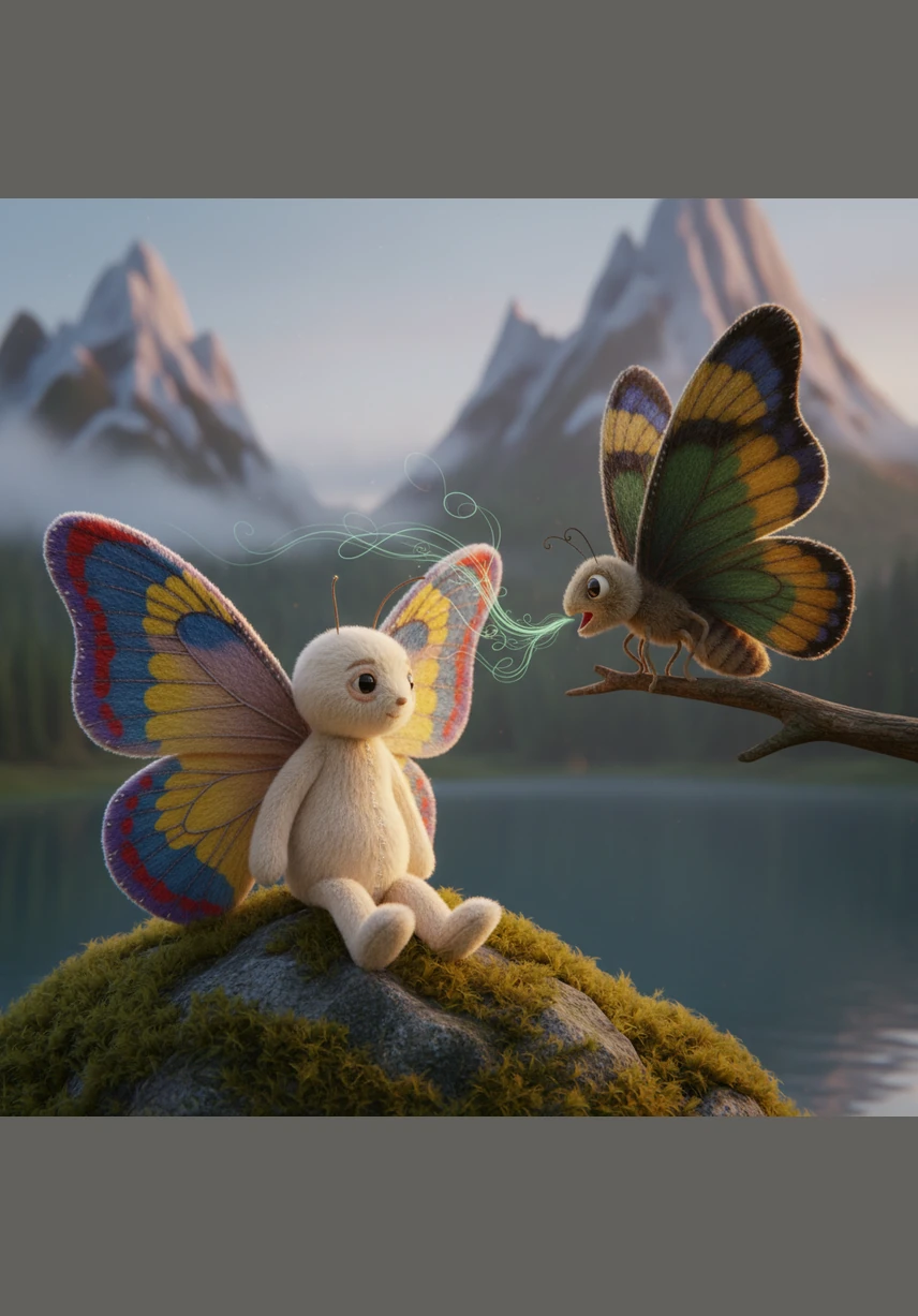A wise old butterfly landed nearby and whispered a gentle mantra into the wind for Bella to hear. He told her to breathe in the mountain's strength and breathe out the stillness of the lake. Bella listened closely, feeling the ancient wisdom calm the racing beat of her heart.
