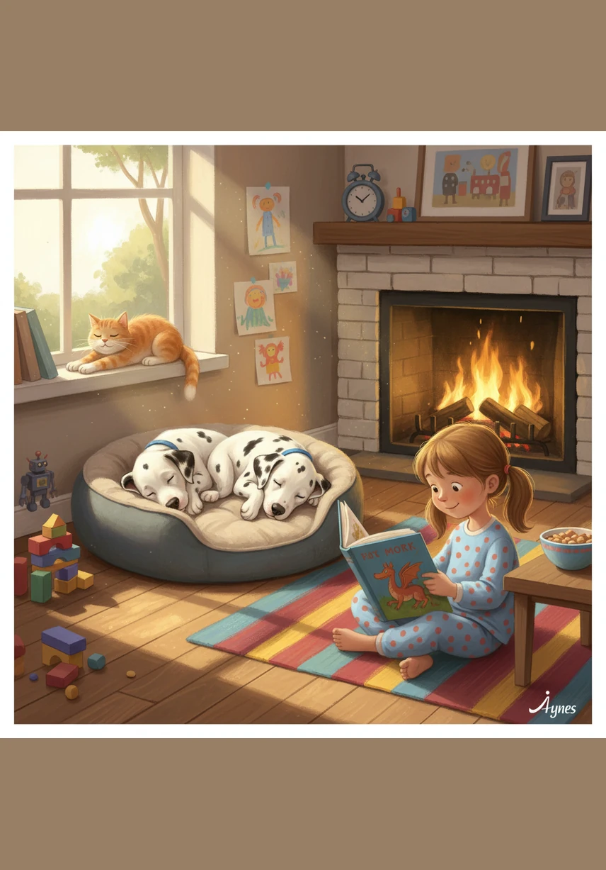 In a sun-drenched living room, Bobby and Matrix, two spotted Dalmatian brothers, wake up with wagging tails. Bobby sits thoughtfully while Matrix looks toward the window, his ears twitching with excitement.