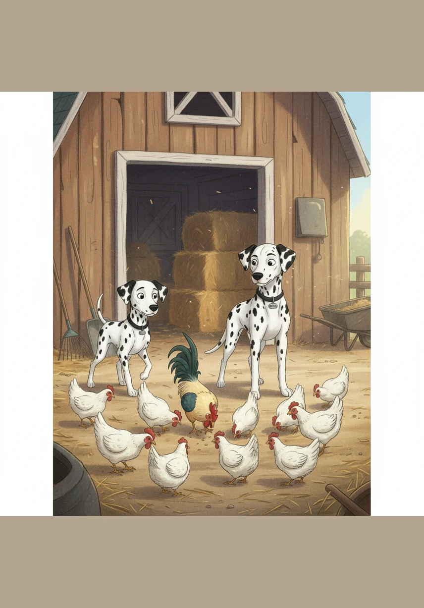 Their first stop is a bustling farmyard where a flock of white chickens is pecking at the ground. The dogs freeze, staring at the birds, and for a moment, the whole world stands still.